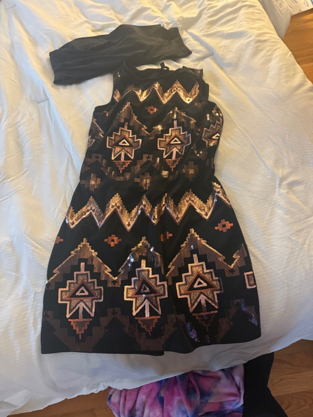 Express Black Midi Dress with Rose Gold Sequin Geometric Pattern